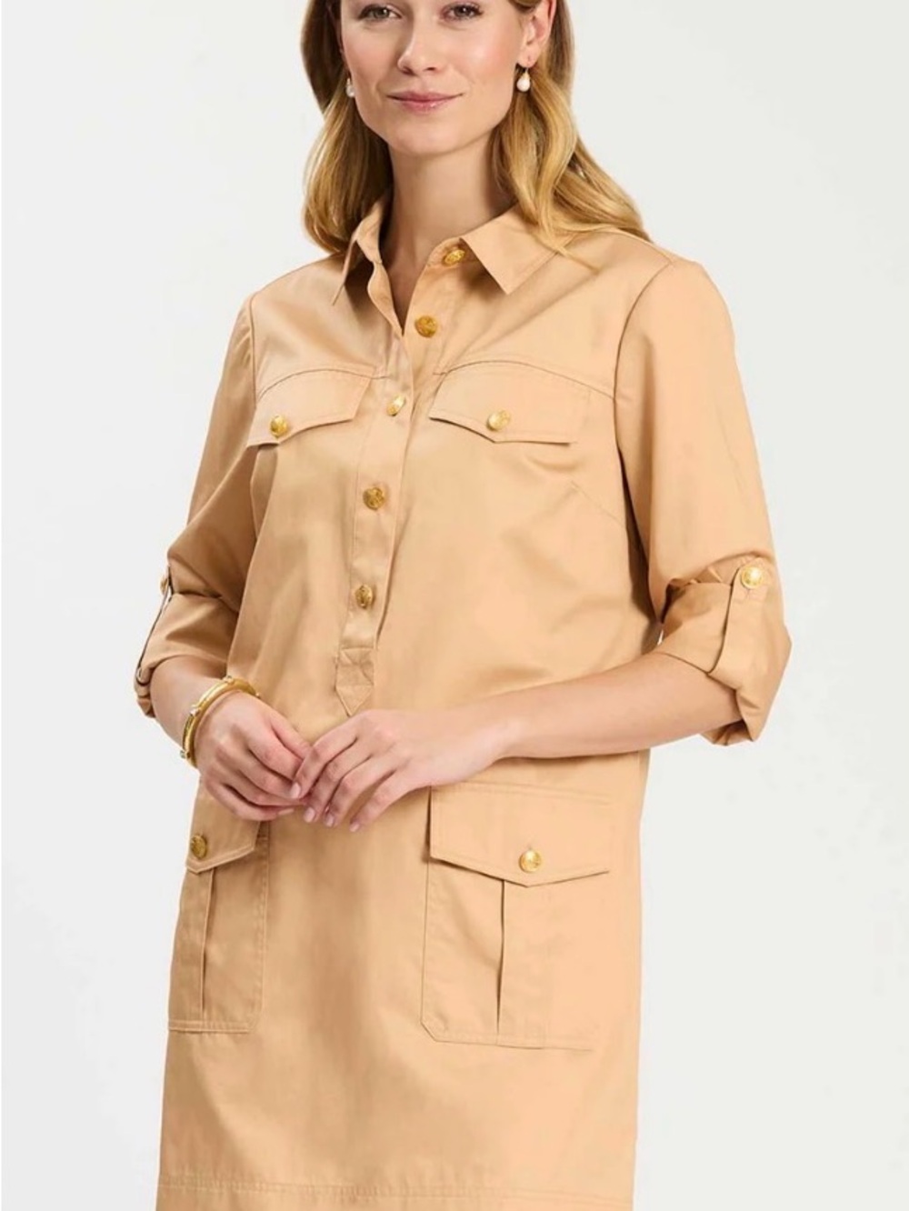 NWT Veronica Beard Tan Utility Shirt Dress with Gold Buttons - Fits TTS!